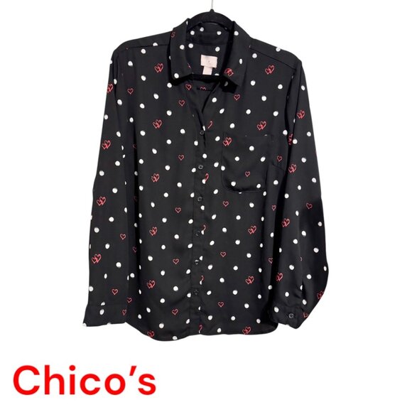 CHICO'S Tops - CHICO'S BLACK BLOUSE W/WHITE DOT & RED HEARTS   MEDIUM